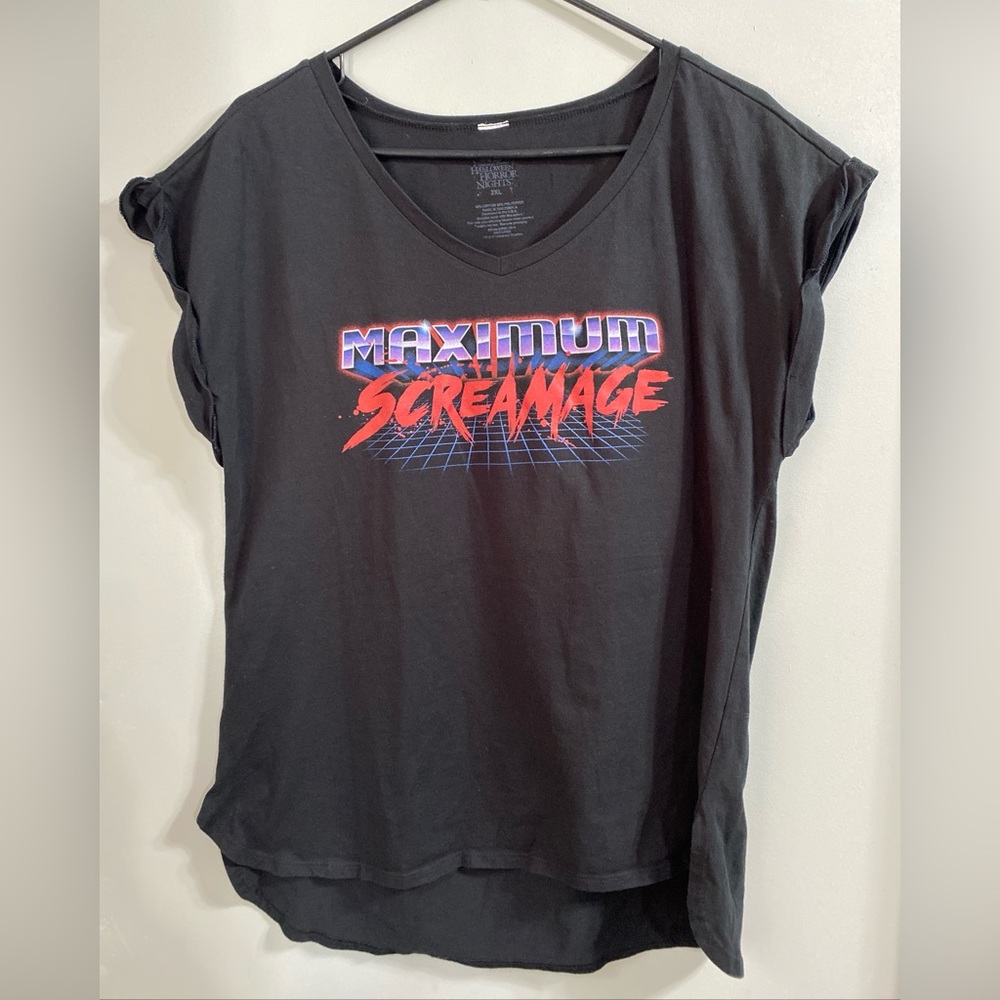 Halloween Horror Nights 2019 T-shirt “Maximum Screamage" HHN 2XL V-neck Black